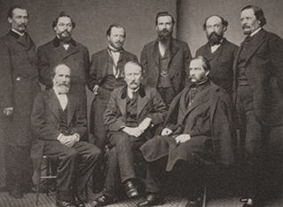 Kit Carson shown front center with Carleton sitting far right, in the Santa Fe Masonic Hall.